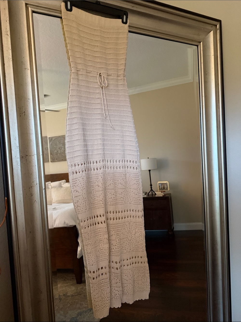 Crocheted Maxi Dress in Cream with matching shawl.